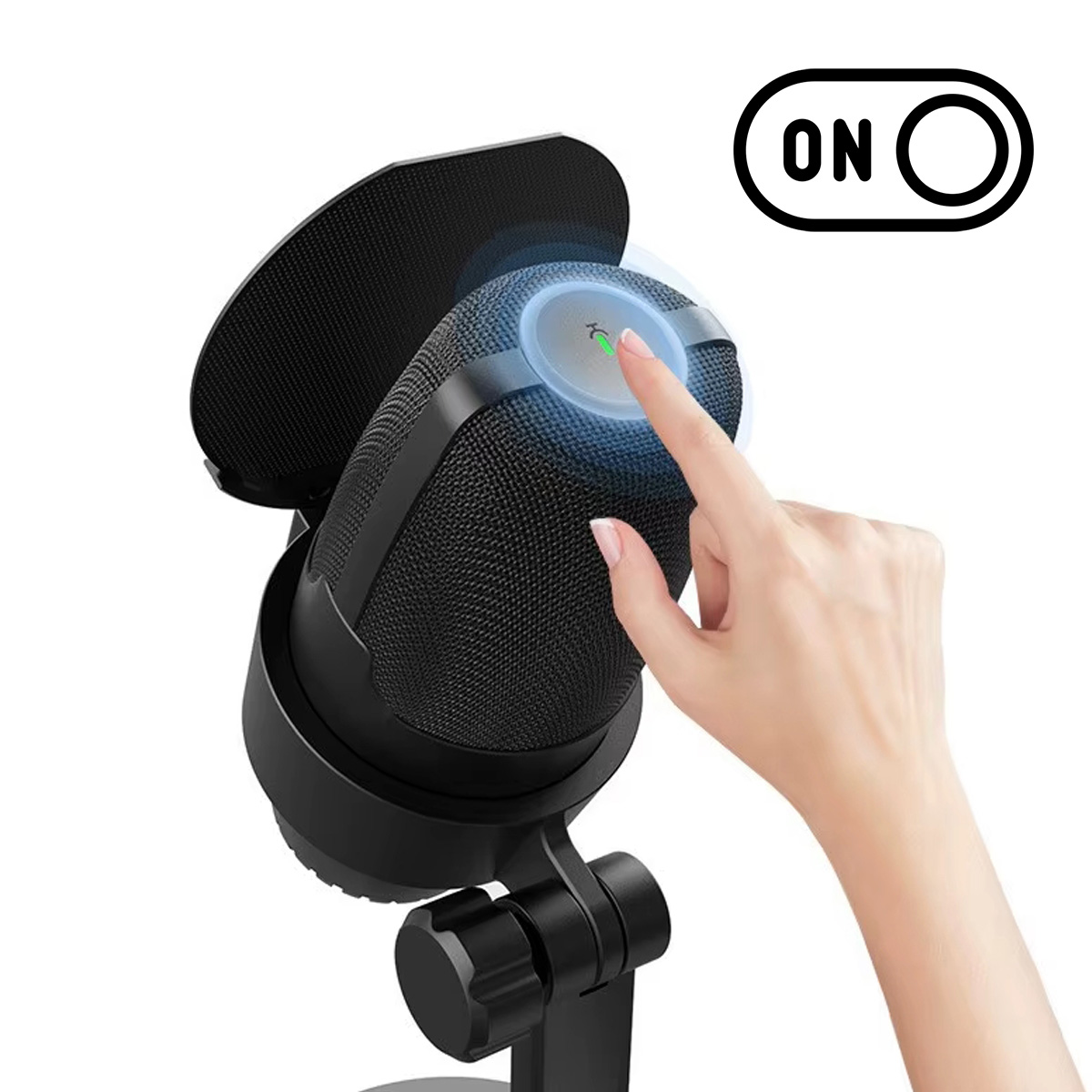 Ręka dotyka mikrofonu. Mikrofon jest czarny i ma przycisk włączania/wyłączania. Symbol 'ON' jest widoczny w prawym górnym rogu.