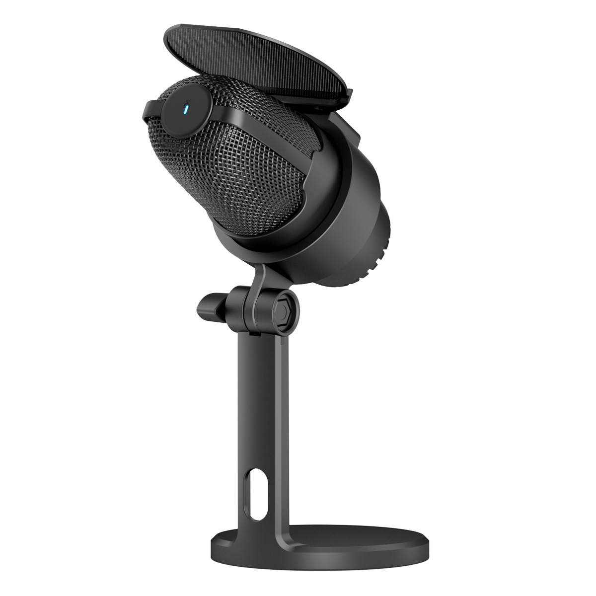 Czarny mikrofon na statywie. Ma siatkową głowicę, filtr pop i niebieskie światło. Stojak jest również czarny.