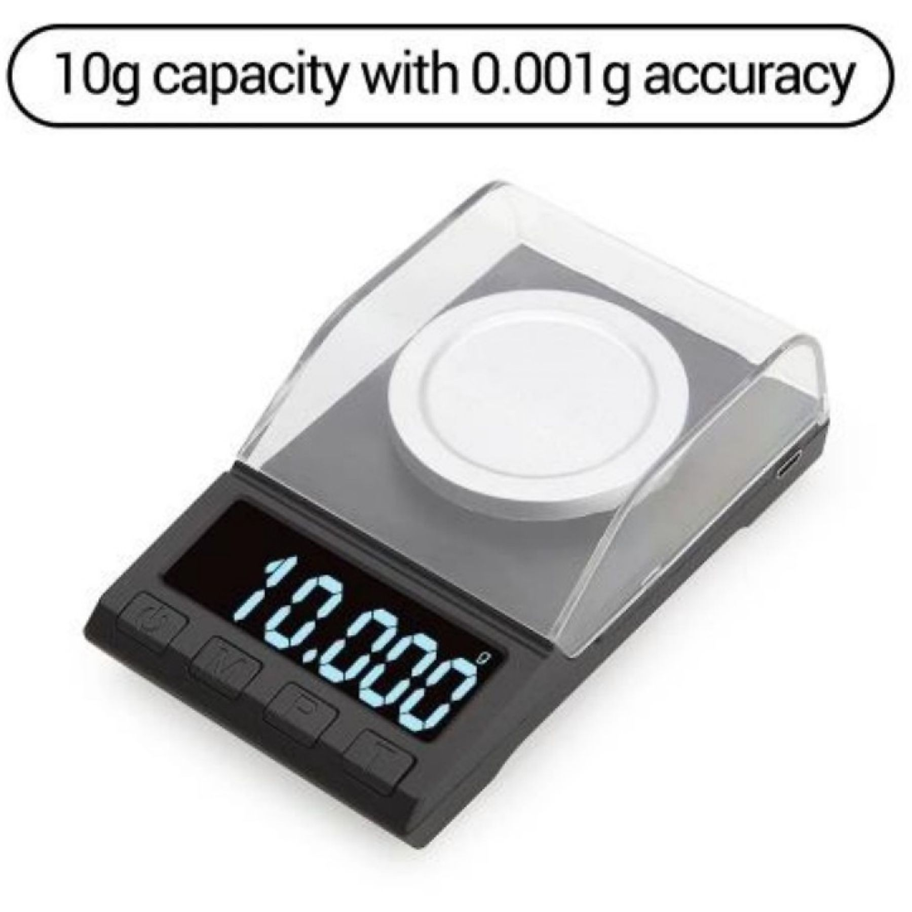 Eine digitale Präzisionswaage mit transparentem Deckel. Das Display zeigt 10,000 an. Text oben: 10g Kapazität mit 0,001g Genauigkeit.