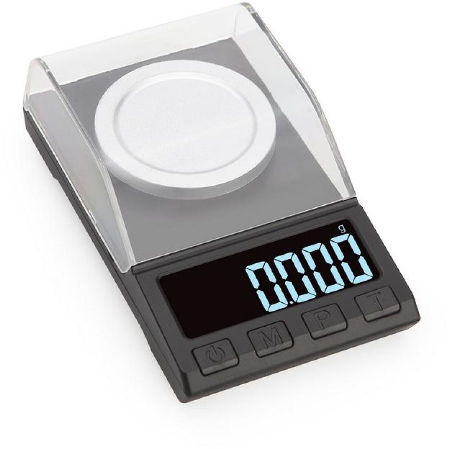 Eine digitale Waage mit schwarzer Basis und klarer Abdeckung. Die Anzeige zeigt 0,000. Eine weiße runde Plattform ist sichtbar.