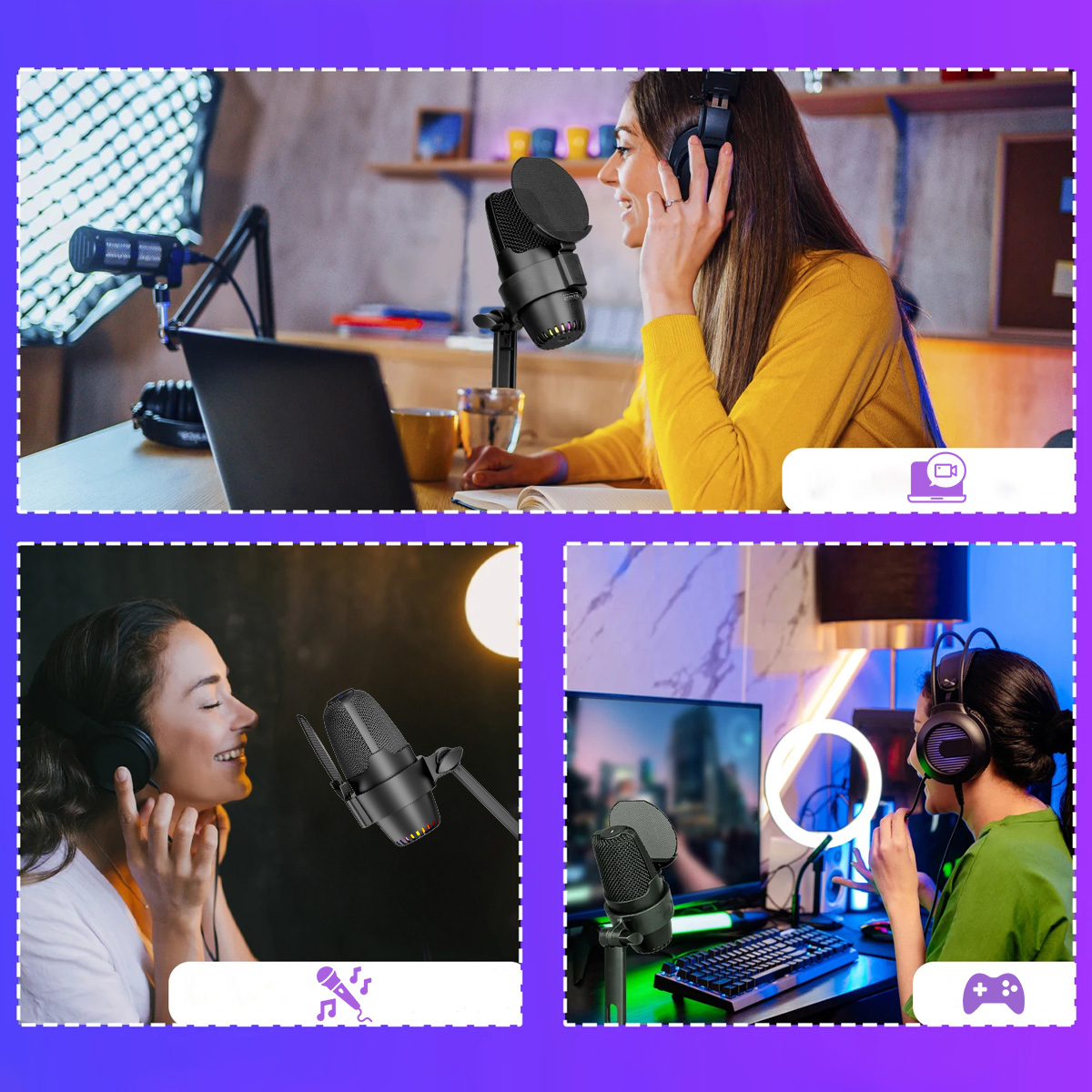 Trzy panele pokazujące osoby używające mikrofonów i słuchawek. Jeden panel przedstawia kobietę korzystającą z laptopa. Inny przedstawia kobietę śpiewającą.