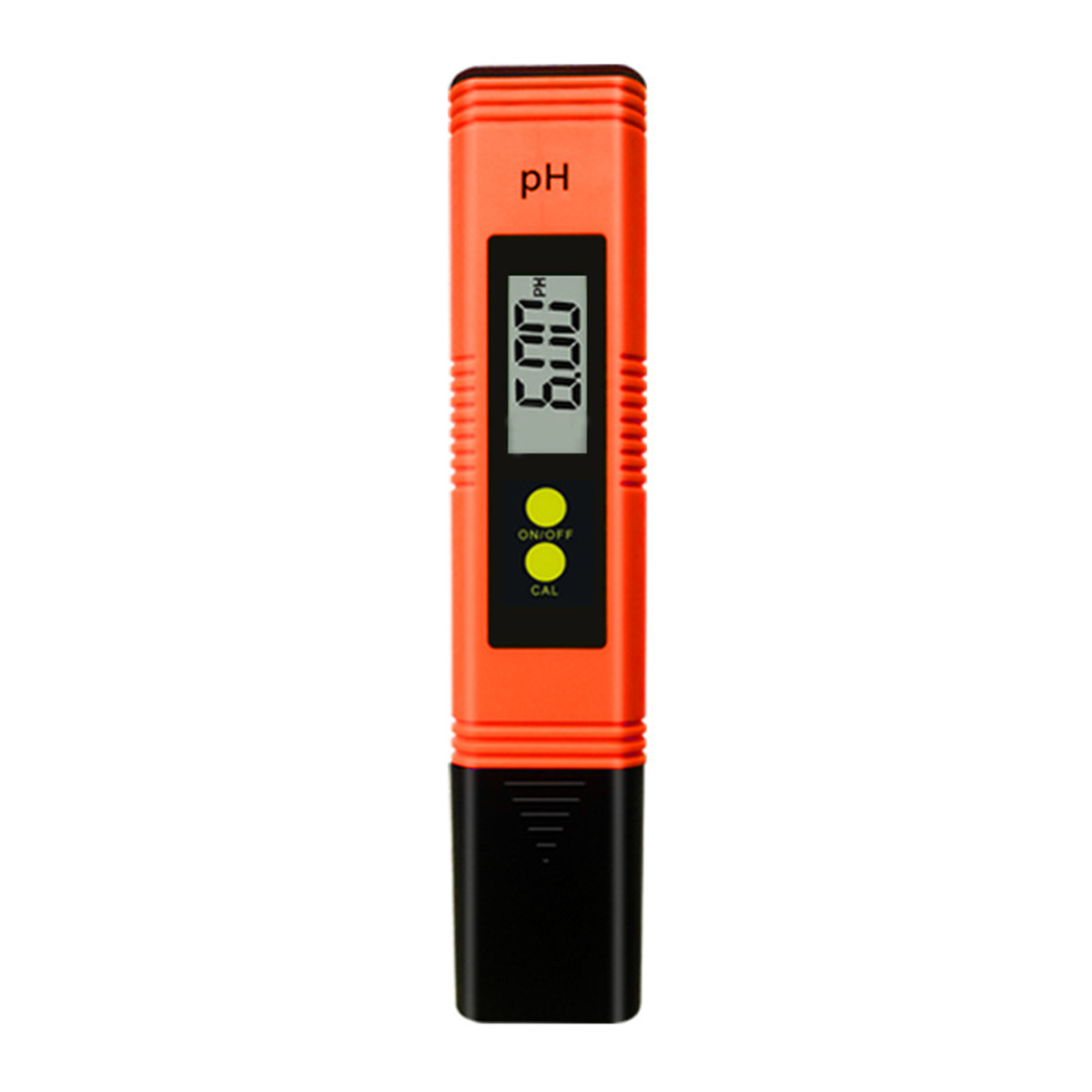 Ein orangefarbenes pH-Messgerät zeigt 6,09 an, mit Ein-/Aus- und Kalibrierungstasten. Der untere Teil ist schwarz.