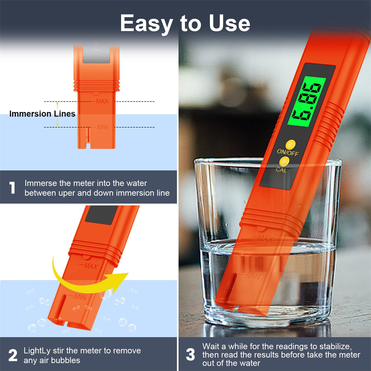 Ein oranges pH-Messgerät in einem Wasserglas. Anweisungen zeigen Eintauchtiefen und Rühren, um Blasen zu entfernen, bevor man liest.