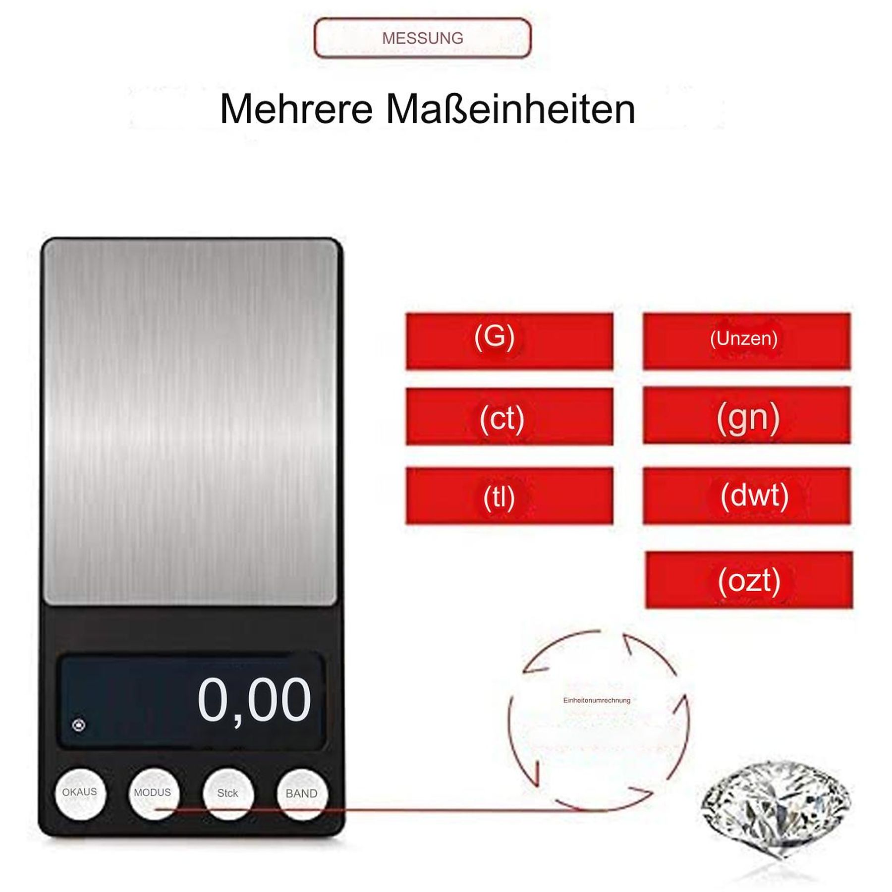 Digitale Waage mit 0,00, Optionen für Einheiten und einem Diamanten unten rechts.