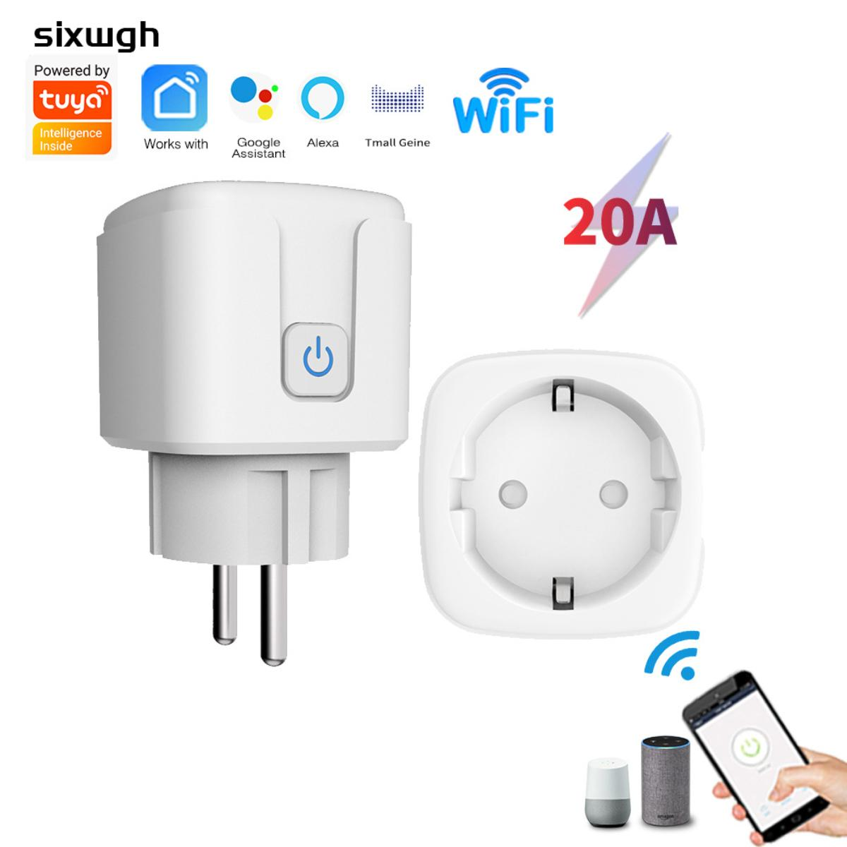 Weißer Smart-Stecker mit Ein-/Aus-Taste und Steckdose. Symbole für WLAN, Alexa und Smartphone-Steuerung. Text: 20A.