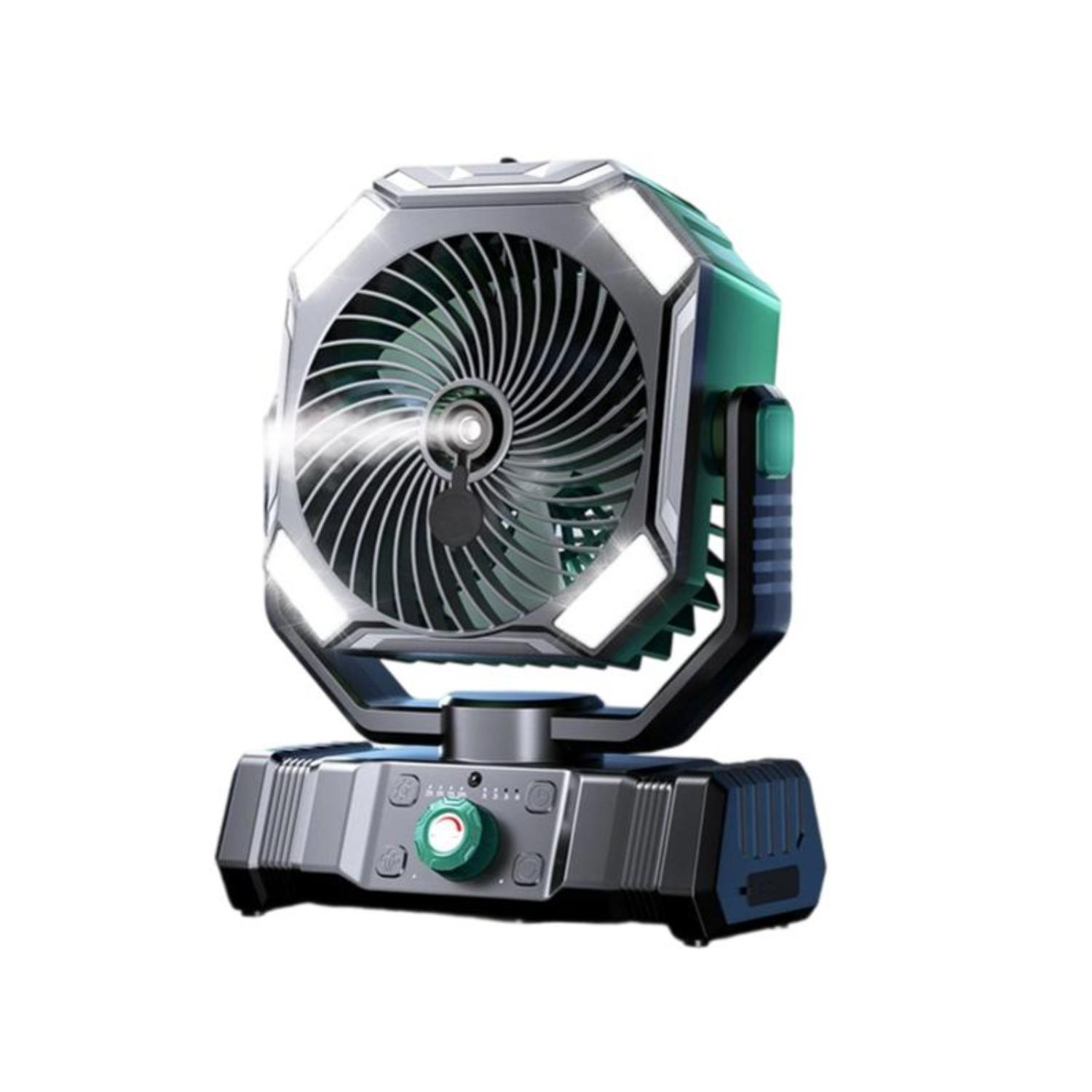 Ein tragbarer Ventilator mit LED-Leuchten. Er hat ein silbernes und grünes Gehäuse mit einem Lüfter in einem Käfig. Die Basis hat Bedienelemente.