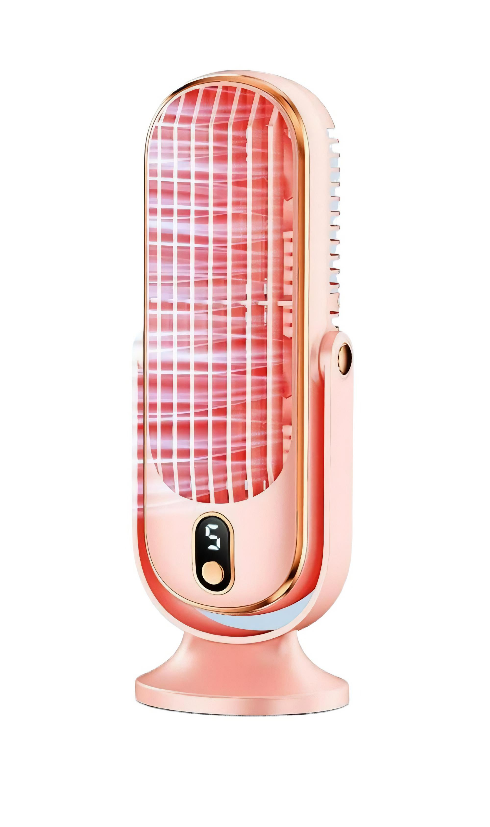 Ein rosa-goldener Turmventilator steht aufrecht. Die Vorderseite hat ein Gitterdesign und eine Digitalanzeige zeigt eine Zahl. Der Sockel ist rund.