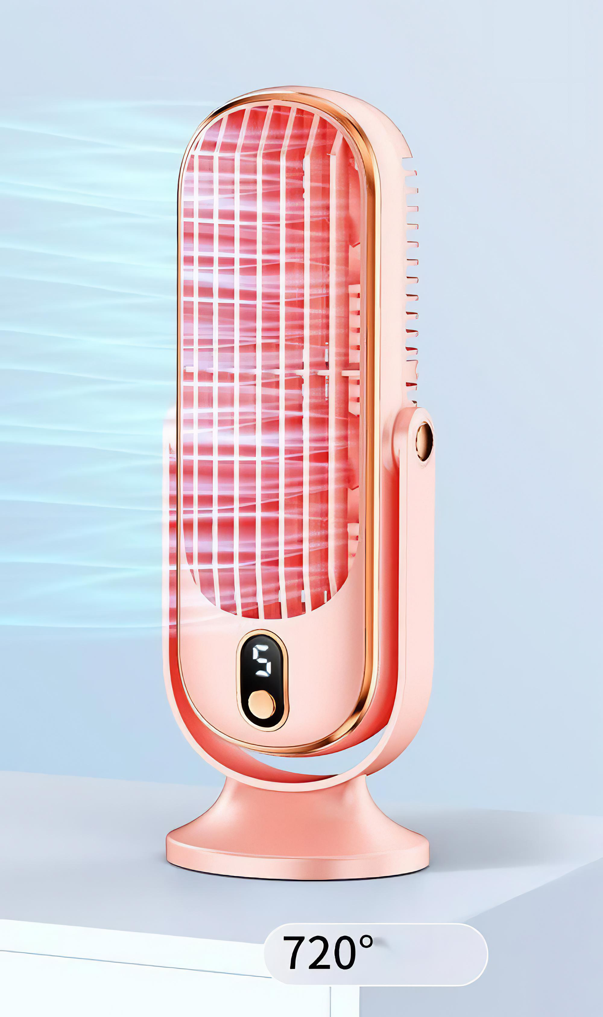 Ein rosa Ventilator mit Display, das '5' anzeigt. Modernes Design mit goldfarbenen Metallakzenten und '720°'.