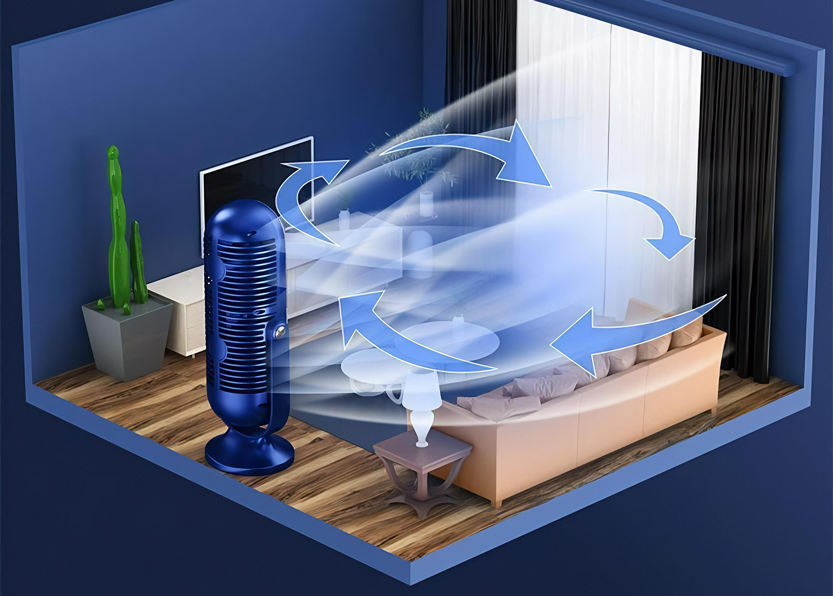 Ein blauer Ventilator zirkuliert Luft in einem Raum mit Sofa, Tisch, Kaktus und Fernseher. Pfeile zeigen den Luftstrom an.