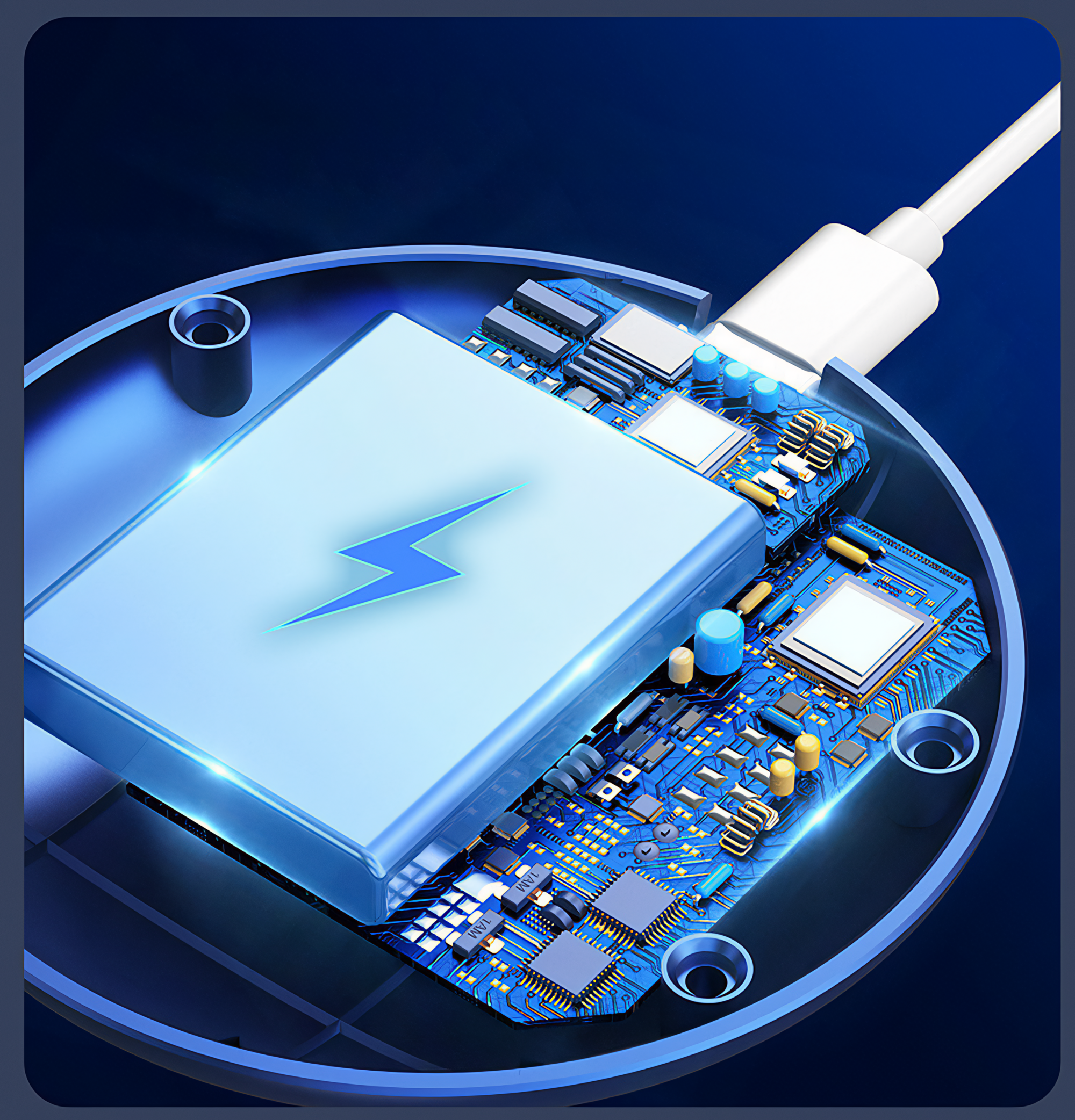 Eine Powerbank mit Blitzsymbol ist über ein weißes Kabel mit einer Platine vor blauem Hintergrund verbunden.