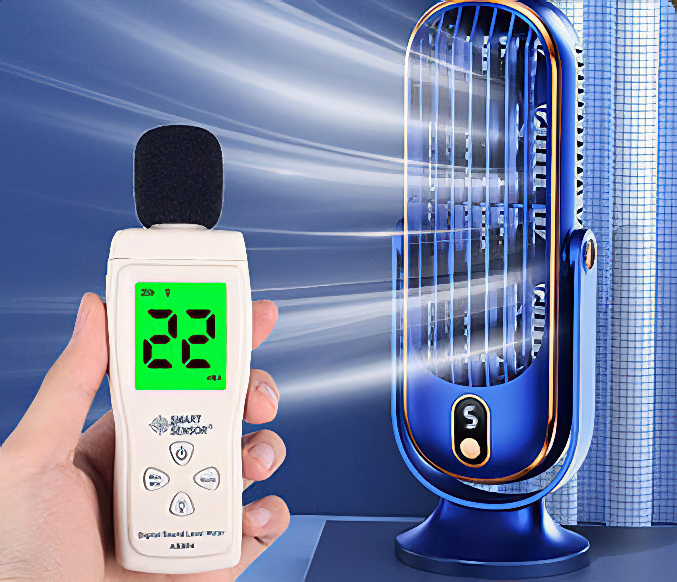 Eine Hand hält ein Dezibelmessgerät mit 22 dB. Ein blauer Ventilator bläst Luft. Hintergrund: blaue Wand und weißer Gittervorhang.