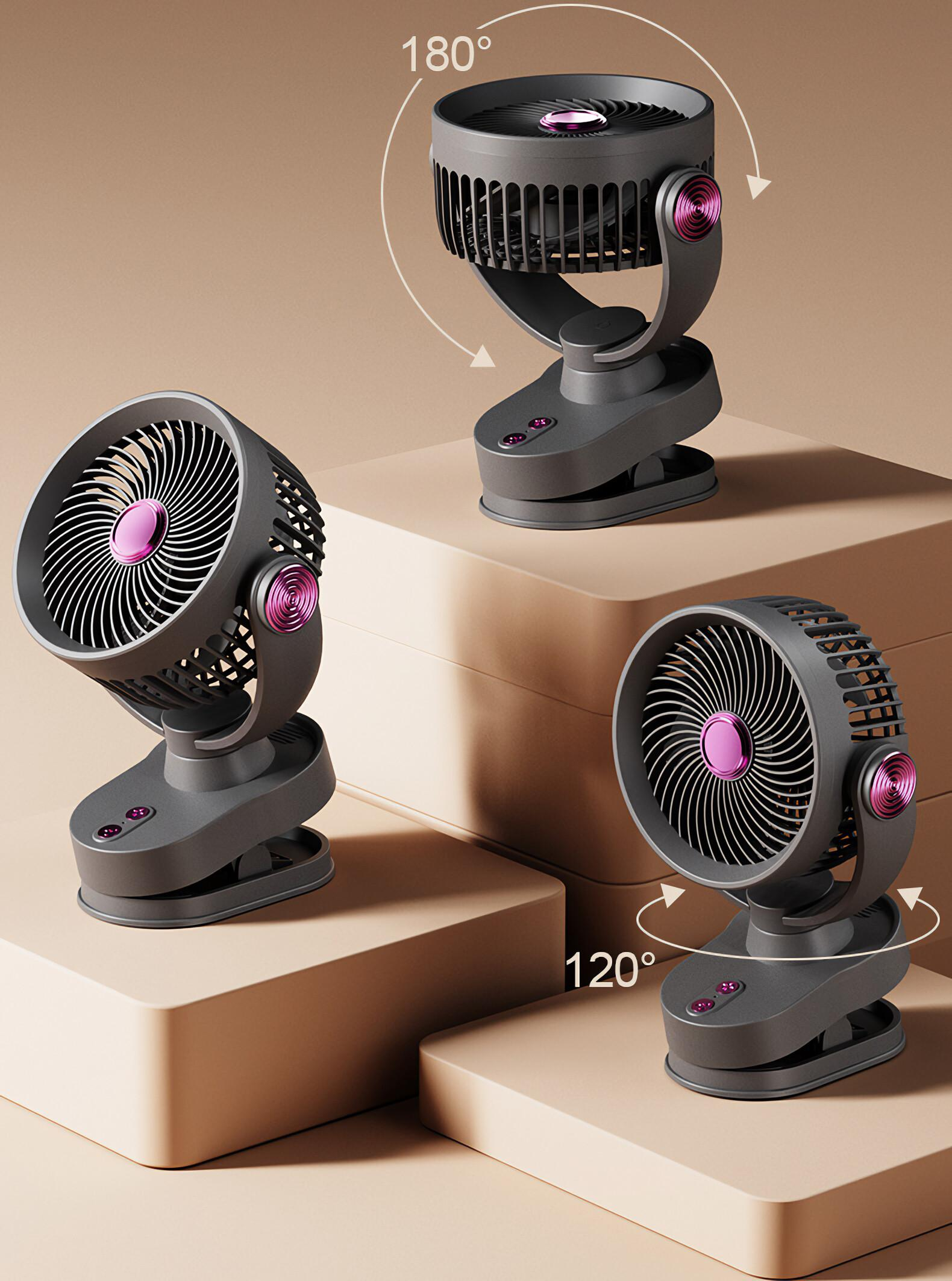 Drei graue Ventilatoren mit rosa Akzenten werden auf Plattformen gezeigt. Pfeile zeigen 120 und 180 Grad Drehung an.