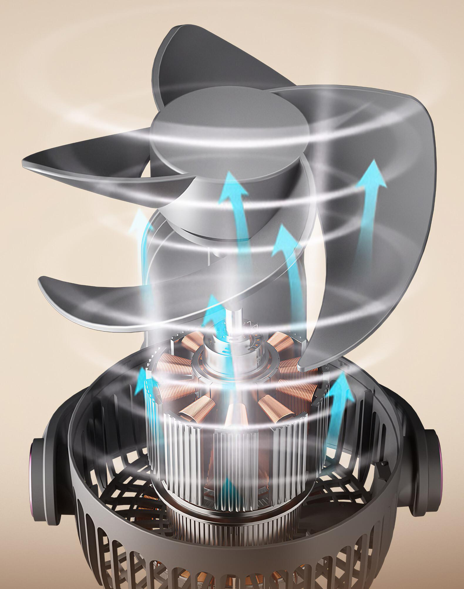 Schnittansicht eines Ventilators. Graue Flügel, Kupfermoter und Luftstrompfeile. Der Ventilator befindet sich auf beigem Hintergrund.