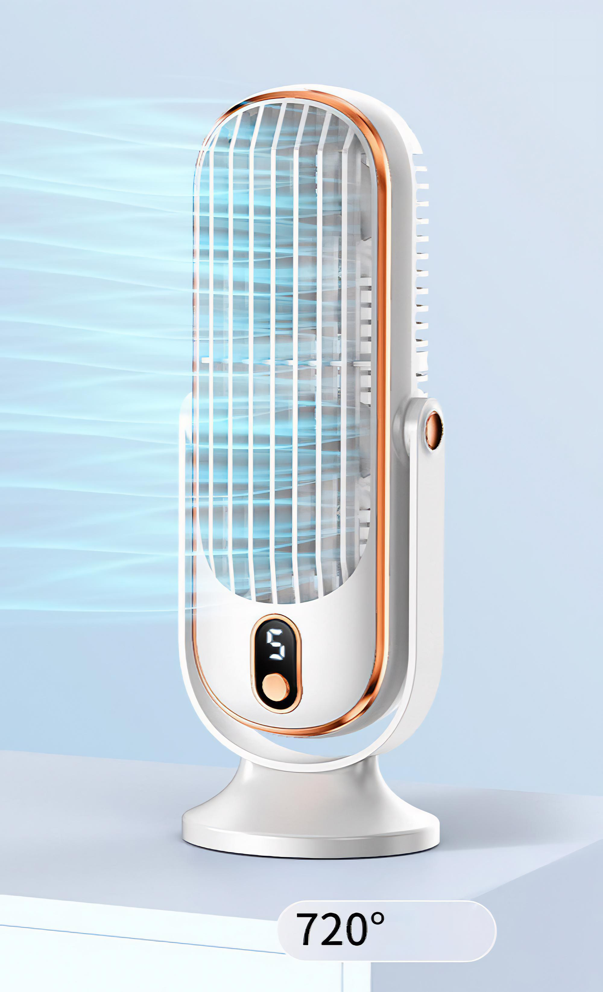 Weiß-goldener Ventilator mit Digitalanzeige. Blauer Luftstrom aus dem Ventilator. Auf dem Sockel steht 720°.