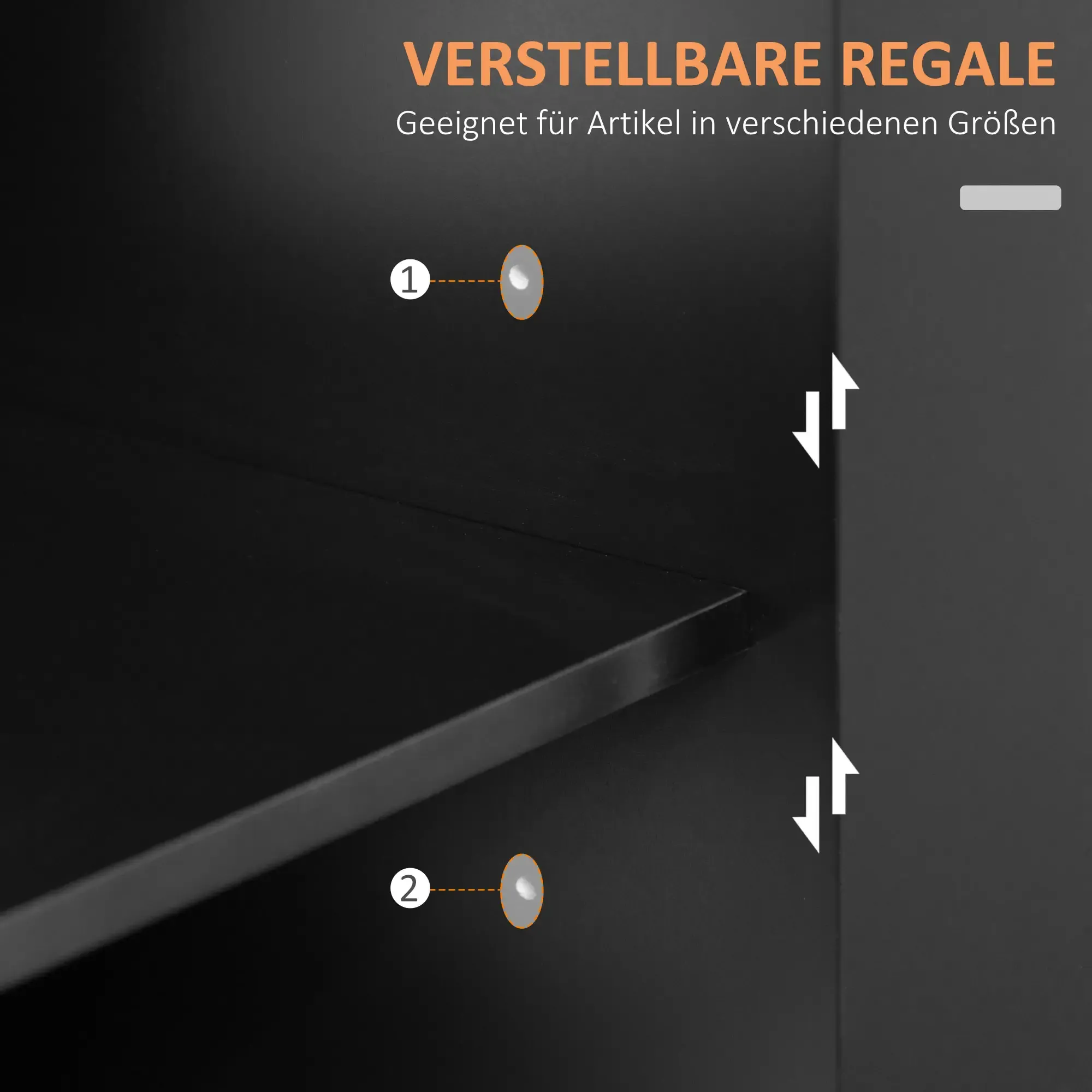 Dunkler Schrankinnenraum mit verstellbaren Regalen. Zwei Regalstützen sind nummeriert, weiße Pfeile zeigen nach unten.
