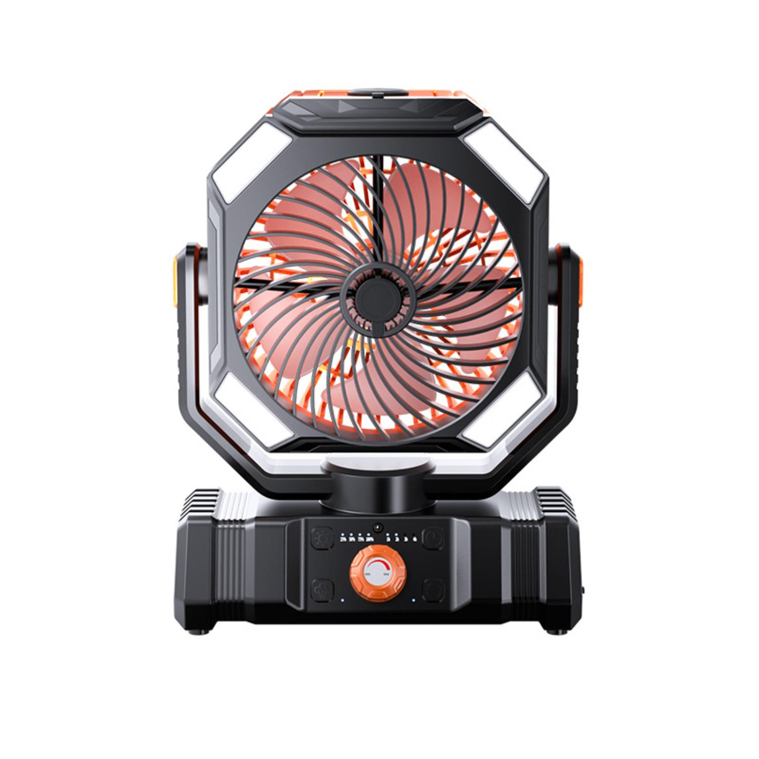 Schwarzer und orangefarbener Ventilator mit rotem Lüfterrad. Es hat Lichter und ein Bedienfeld. Der Hintergrund ist weiß.