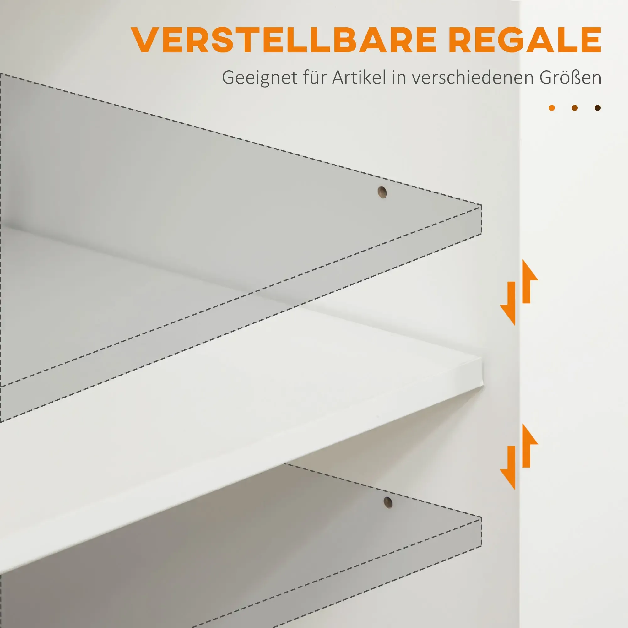 Weiße verstellbare Regale an einer weißen Wand. Orangefarbene Pfeile zeigen nach unten. Text auf Deutsch steht oben.