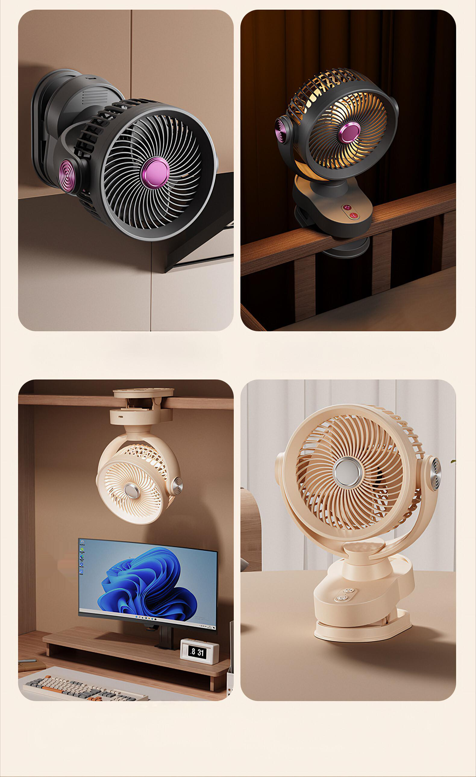 Bilder zeigen verschiedene kleine Ventilatoren in verschiedenen Umgebungen. Einer an einer Wand befestigt, ein anderer auf einer Bettreling, und andere auf Schreibtischen.