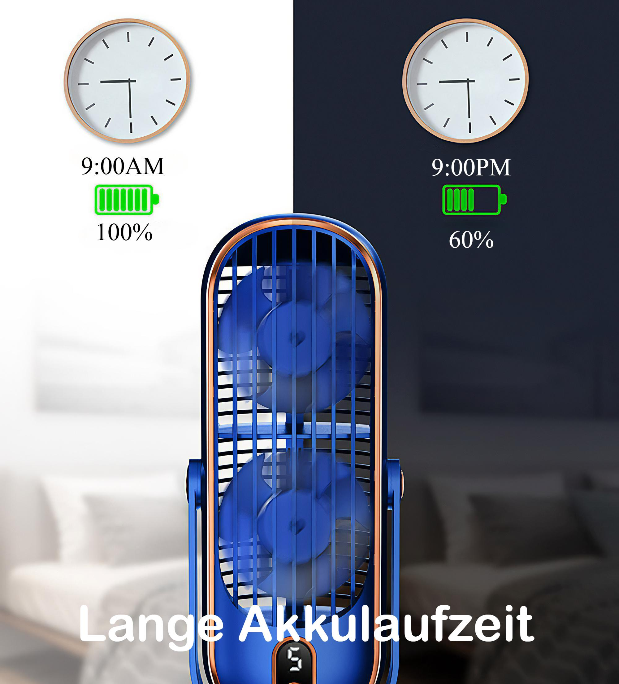 Ein blauer Ventilator zeigt Zeit und Akkulaufzeit. 9:00 Uhr morgens bei 100 % und 21:00 Uhr abends bei 60 % Akkulaufzeit.