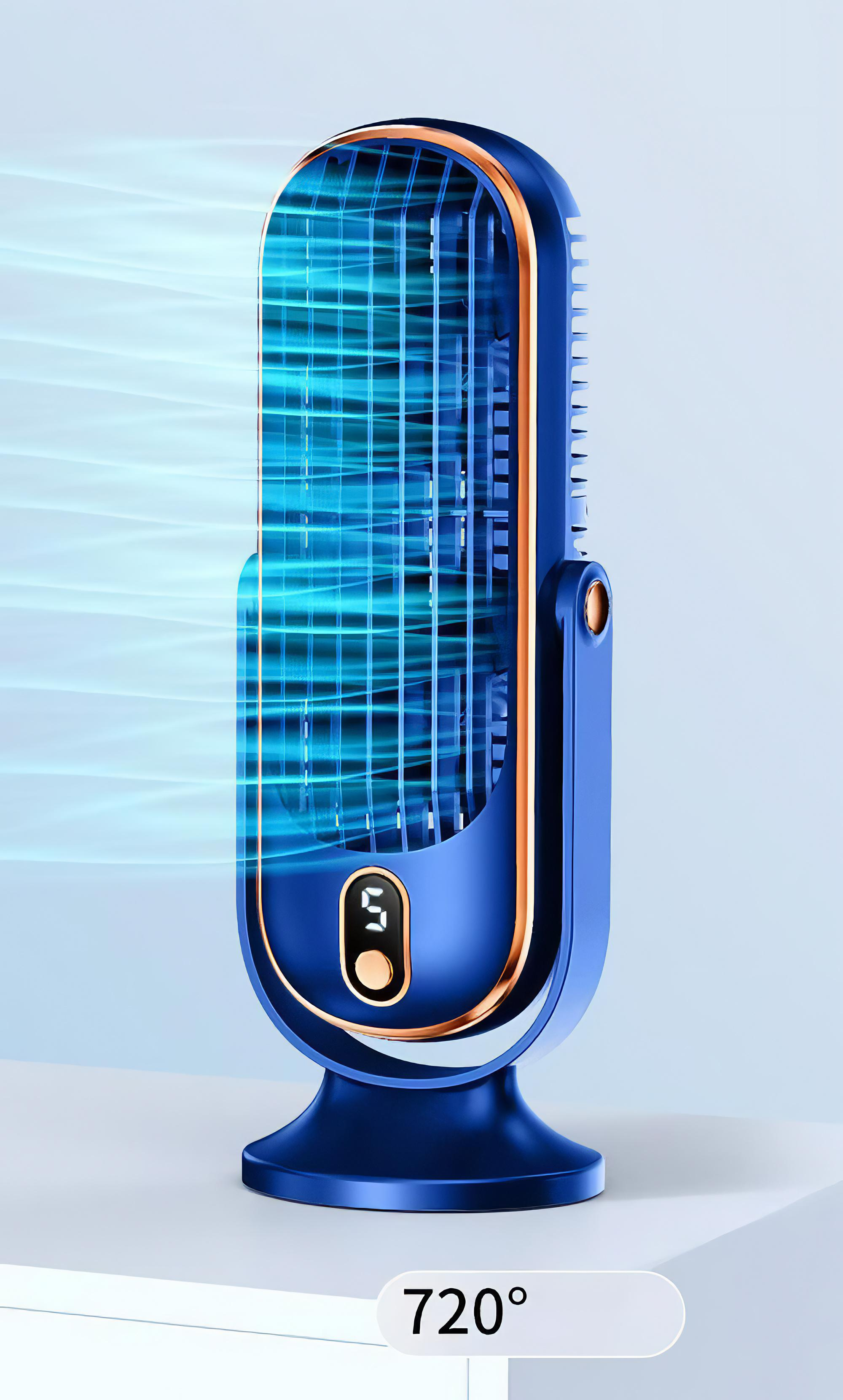 Ein blau-bronze-farbener Ventilator steht auf einer weißen Oberfläche. Der Ventilator hat ein digitales Display mit der Zahl 5.