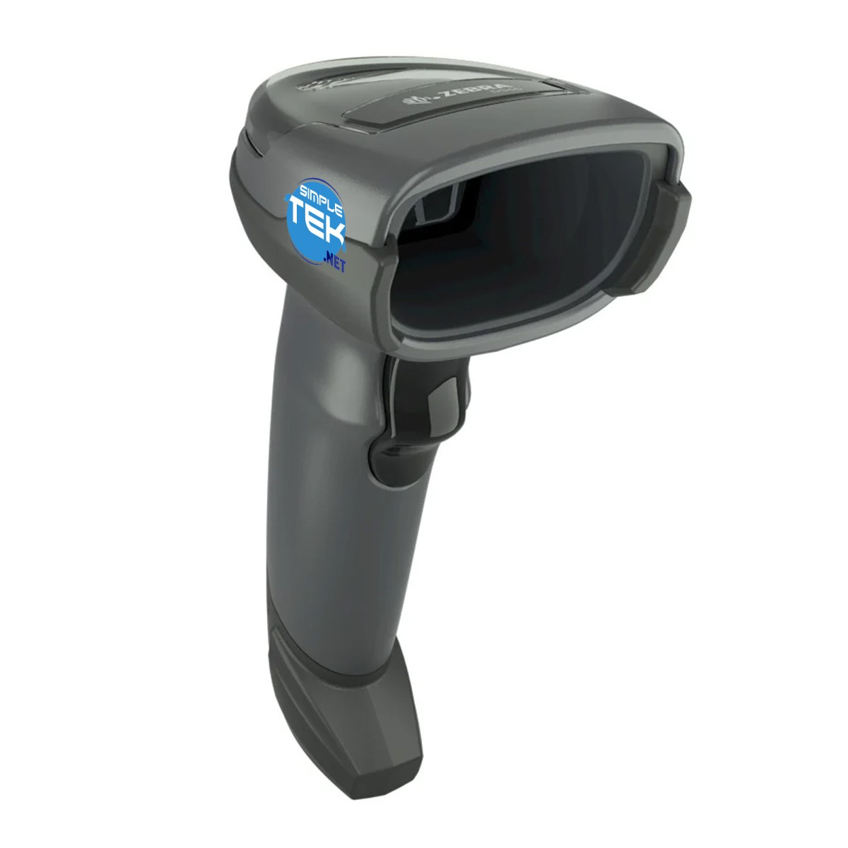 Ein grauer Barcodescanner mit einem blauen Simple Tek-Aufkleber. Der Scanner hat einen Griff und ein Lesefenster.