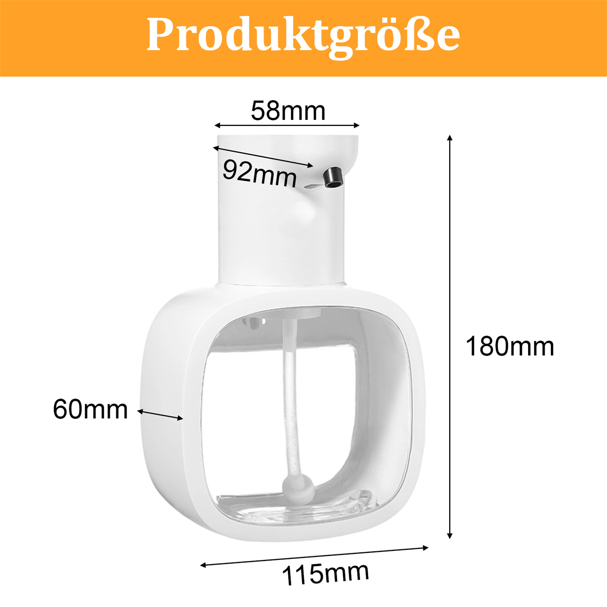 Weißer Händedesinfektionsmittelspender mit Maßangaben: 180 mm hoch, 115 mm breit, 60 mm tief und 58 mm und 92 mm für die Oberseite.