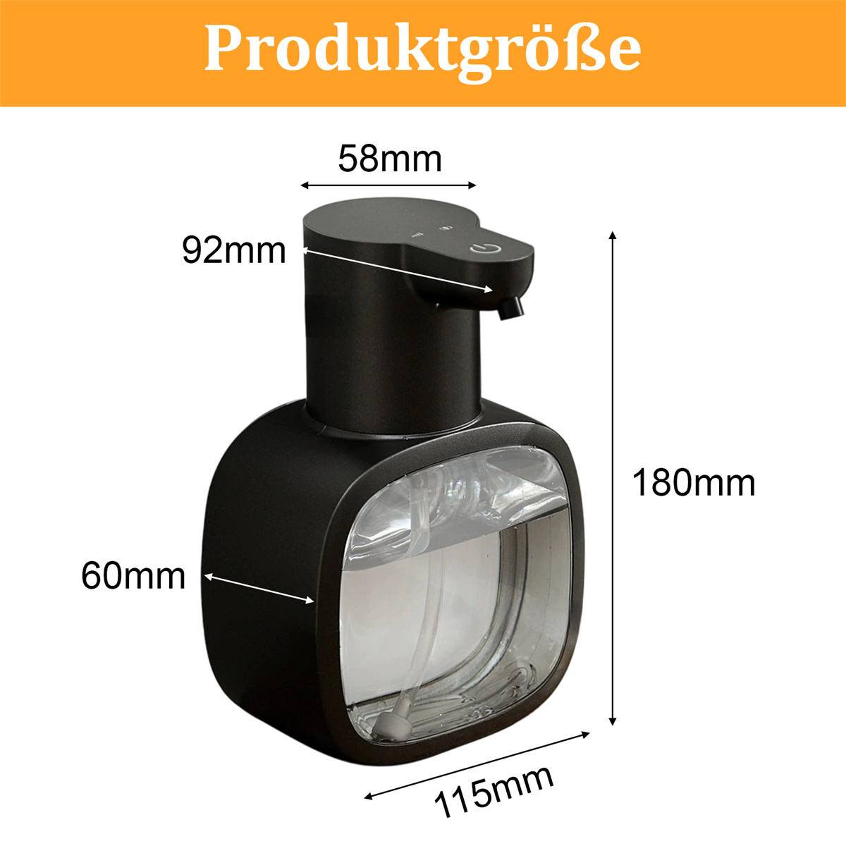 Schwarzer und transparenter Seifenspender mit beschrifteten Abmessungen. Oben steht Produktgroesse. Maße: 58 mm, 92 mm, 180 mm, 60 mm und 115 mm.
