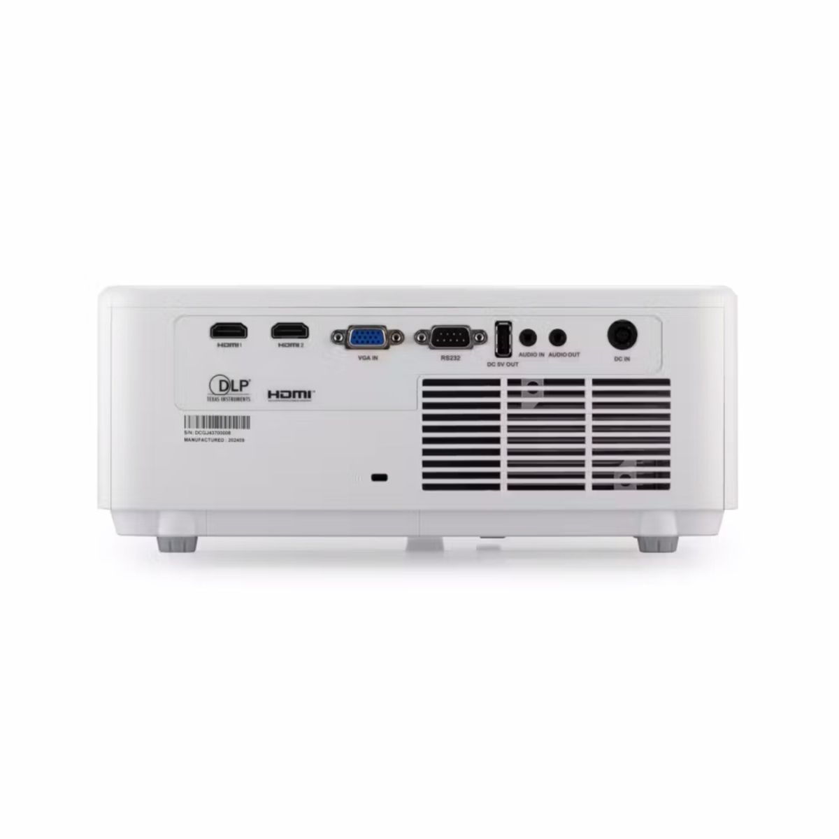 Rückseite eines weißen Projektors mit Anschlüssen: HDMI, VGA, RS232, Audio und DC. Enthält DLP- und HDMI-Logos und Seriennummer.