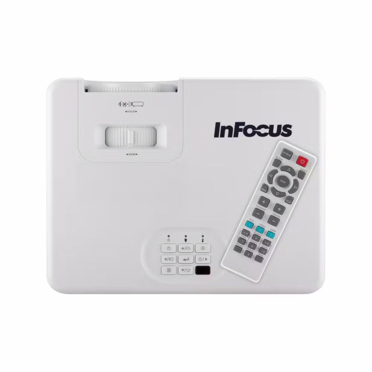 Weißer InFocus-Projektor mit Fernbedienung auf weißem Hintergrund. Die Fernbedienung hat viele Knöpfe.