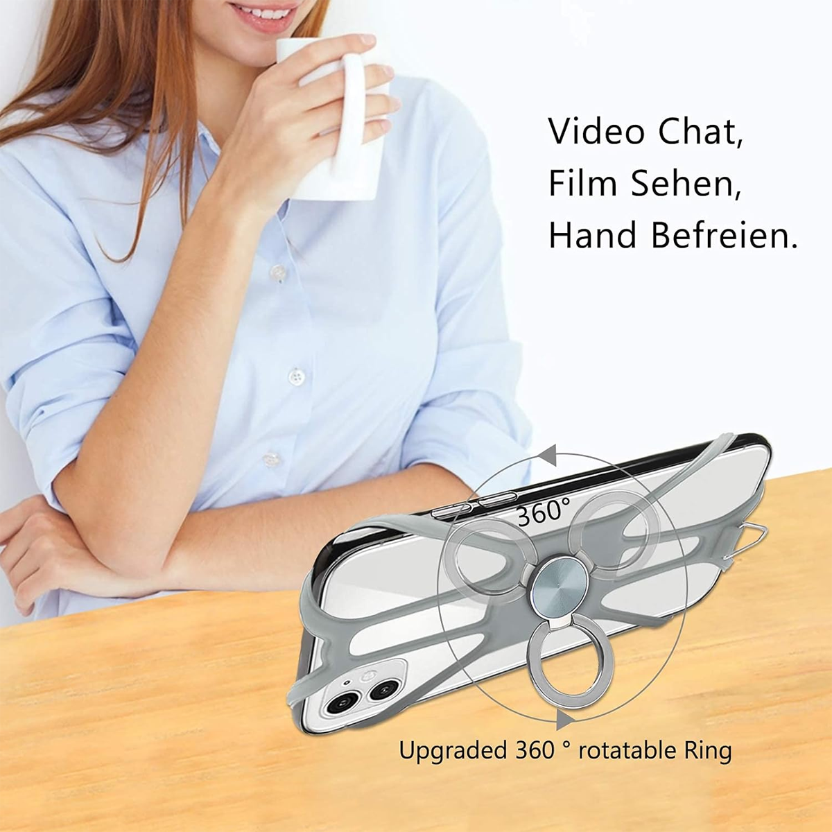 Eine Frau hält eine Tasse und lächelt. Ein Telefon mit 360°-Ringhalterung liegt auf Holz. Text: Video Chat, Film Sehen, Hand Befreien.