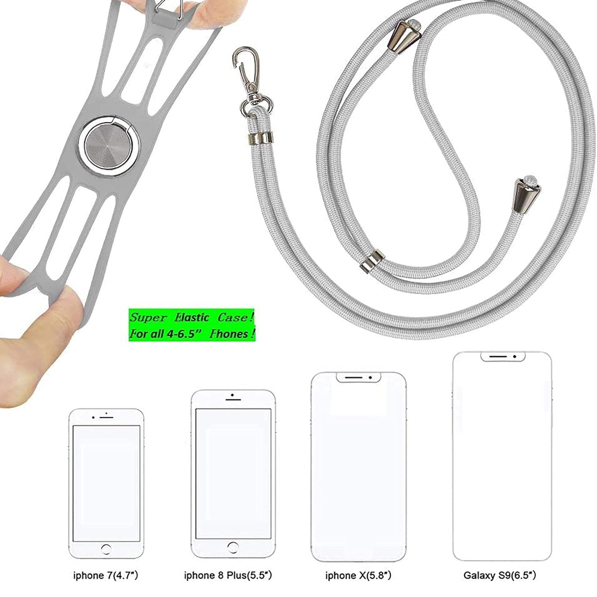 Graue Handyhülle mit Lanyard, silbernem Verschluss und mehreren Handymodellen in einer Reihe, mit dem Text "Super Elastic Case!".