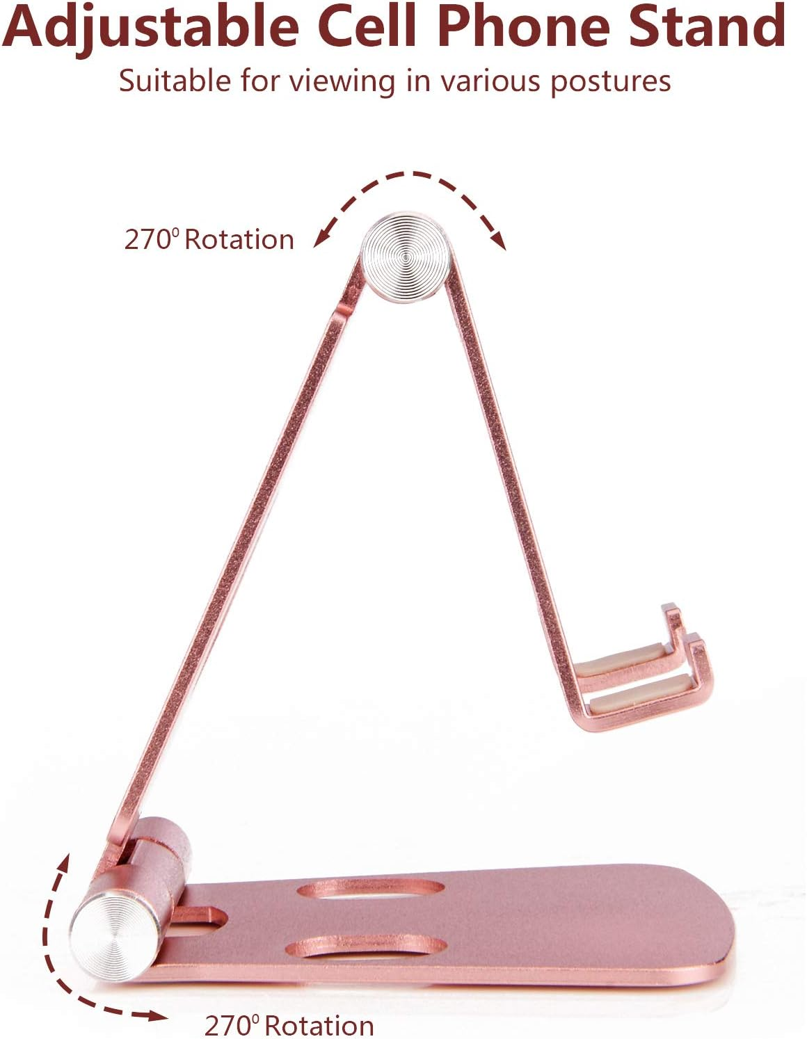 Ein verstellbarer Handy-Ständer in Roségold. Er hat eine Basis, zwei abgewinkelte Stützen und eine Telefonhalterung. Text zeigt 270-Grad-Drehung.