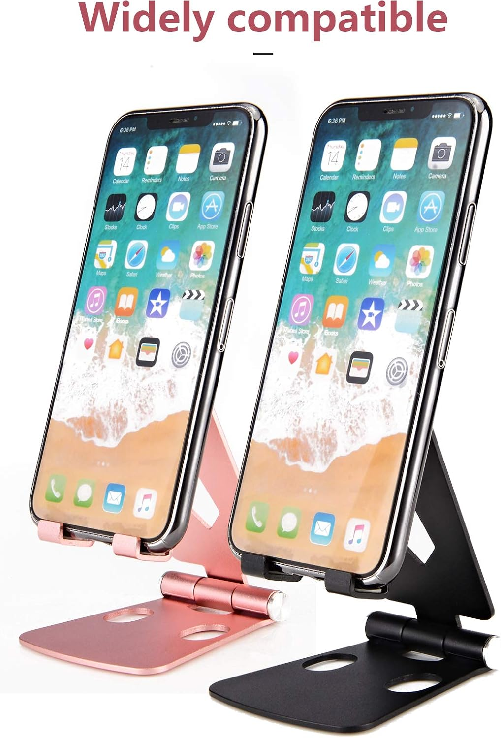 Zwei Smartphones auf Ständern. Ein Telefon steht auf einem rosa Ständer, das andere auf einem schwarzen Ständer. Der Text "Widely compatible" steht oben.