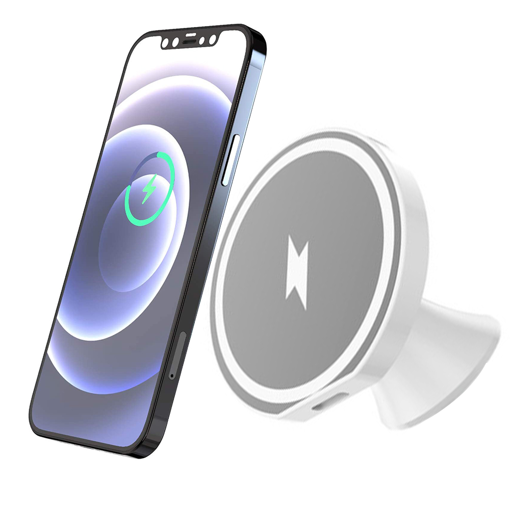 Ein schwarzes Telefon wird drahtlos neben einem weißen kabellosen Ladegerät geladen. Das Telefon hat ein grünes Blitzsymbol auf dem Bildschirm.