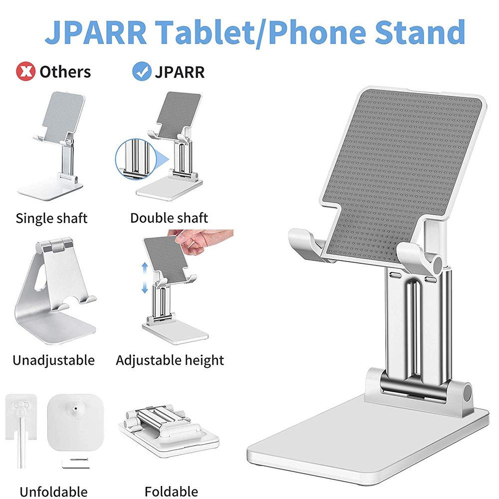 Ein weißer Tablet-/Telefonständer. Er ist verstellbar und faltbar. Das Bild zeigt verschiedene Ständerdesigns und -merkmale wie Einzel- und Doppelschaft.
