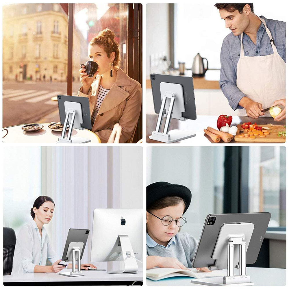 Vier Szenen zeigen Personen, die ein Tablet auf einem Ständer verwenden. Eine trinkt Kaffee, eine andere kocht, eine arbeitet am Schreibtisch und die letzte lernt.