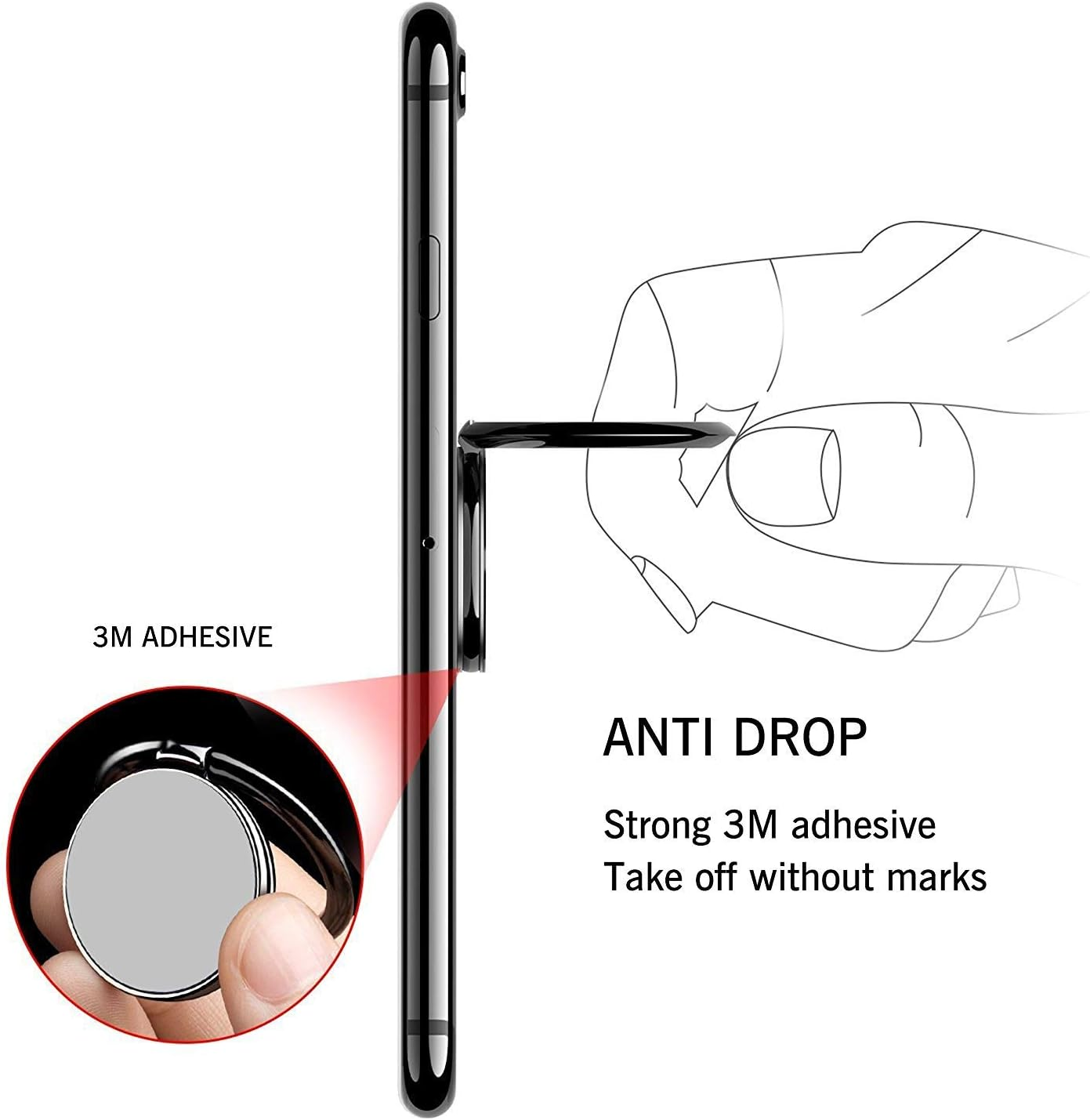 Ein Telefon mit einem Anti-Drop-Ring. Der Ring hat einen 3M-Klebstoff. Text: Anti-Drop, starker 3M-Klebstoff, rückstandsfreies Entfernen.