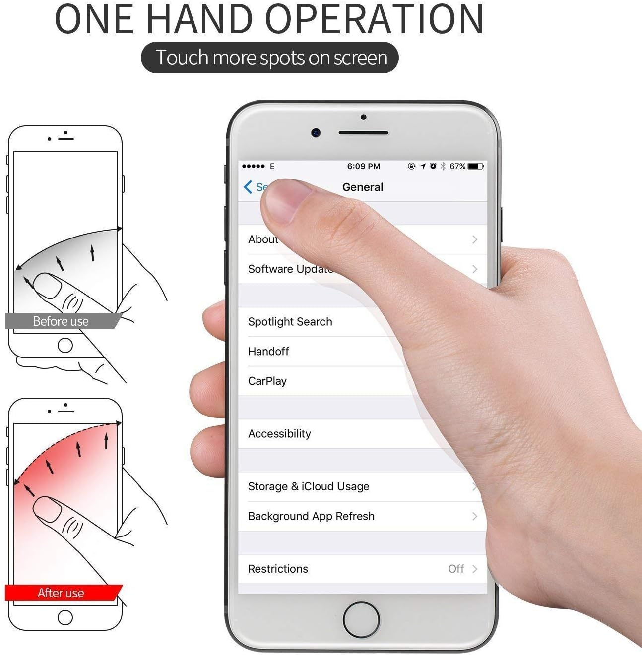 Eine Hand hält ein Telefon und zeigt einen Bildschirm mit Einstellungen. Der Bildschirm zeigt die Vorher- und Nachher-Ansicht der Einhandbedienung.