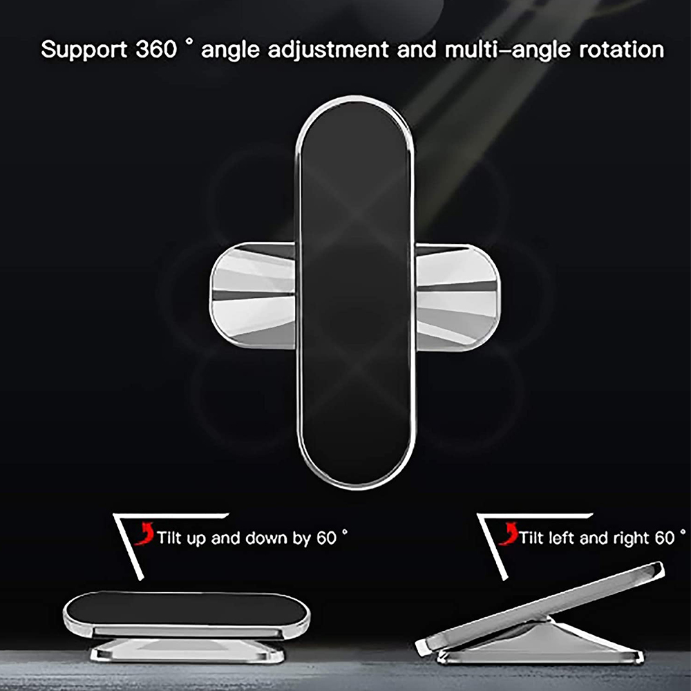 Das Bild zeigt einen Telefonhalter mit 360-Grad-Winkeleinstellung. Es hat ein schwarz-silbernes Design, das sich nach oben/unten und links/rechts neigt.