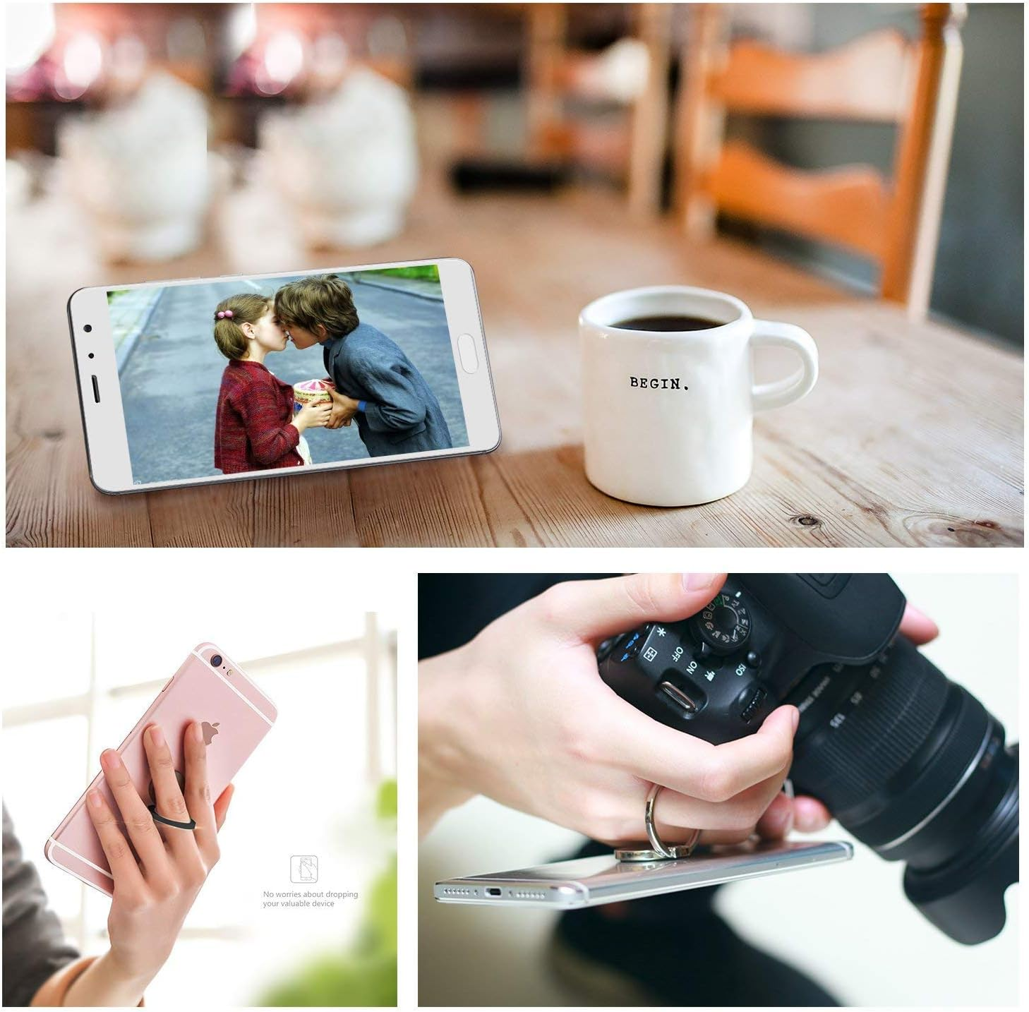 Ein Smartphone zeigt ein küssendes Paar. Eine Kaffeetasse sagt BEGIN. Ein Telefon mit einem Ringhalter. Eine Person hält eine Kamera.