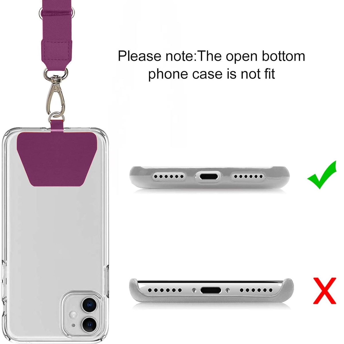 Transparente Handyhülle mit Schlüsselband, zwei Ansichten der Unterseite des Telefons mit Häkchen und einem X, Text: offene Unterseite passt nicht.