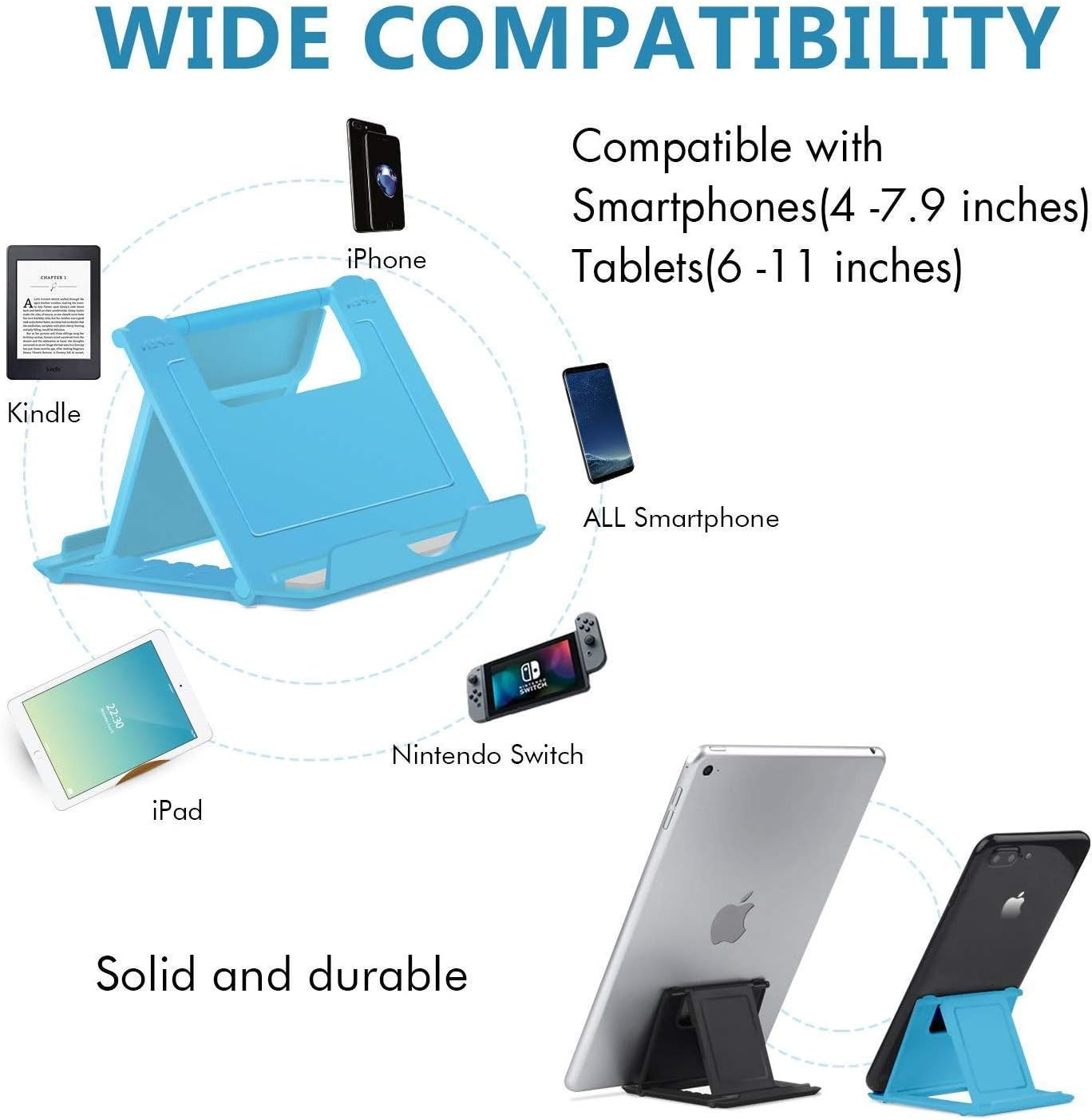 Ein blauer Telefonständer mit verschiedenen Geräten: iPhone, Kindle, iPad, Nintendo Switch und ein All-Screen-Smartphone.