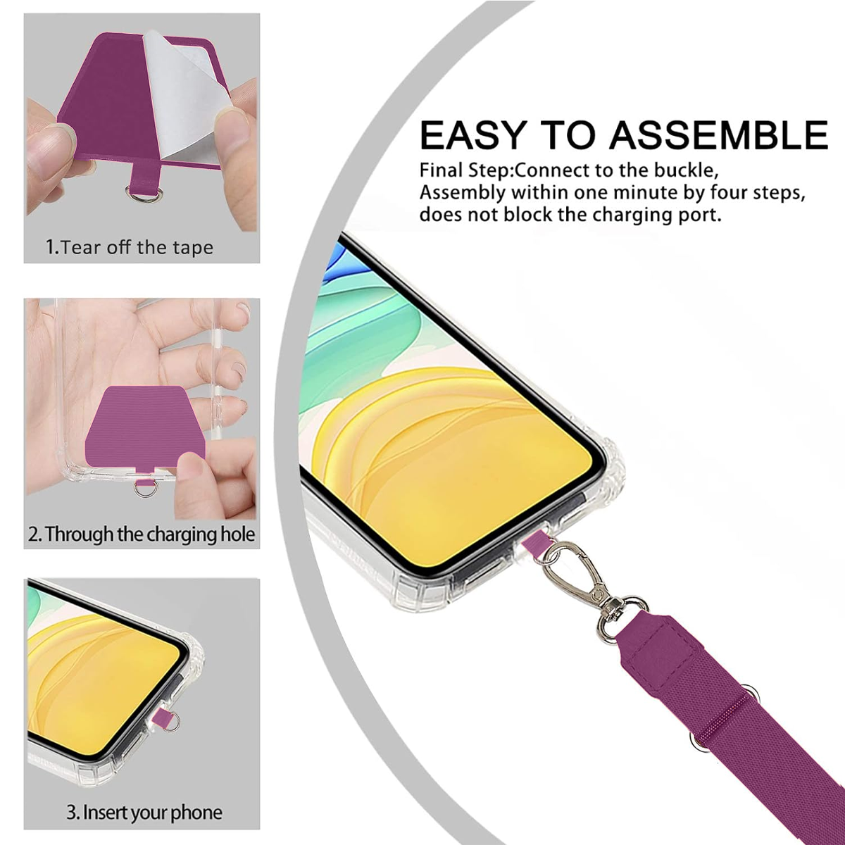 Anleitung zum Zusammenbau einer Handyhülle mit Lanyard, Schritt-für-Schritt-Prozess mit lila Riemen und Telefon.