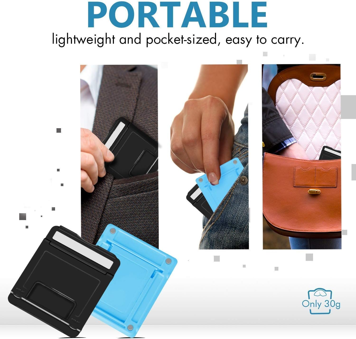 Das Bild zeigt einen schwarzen und blauen Handy-Ständer, der die Portabilität demonstriert. Hände stecken die Ständer in Taschen.