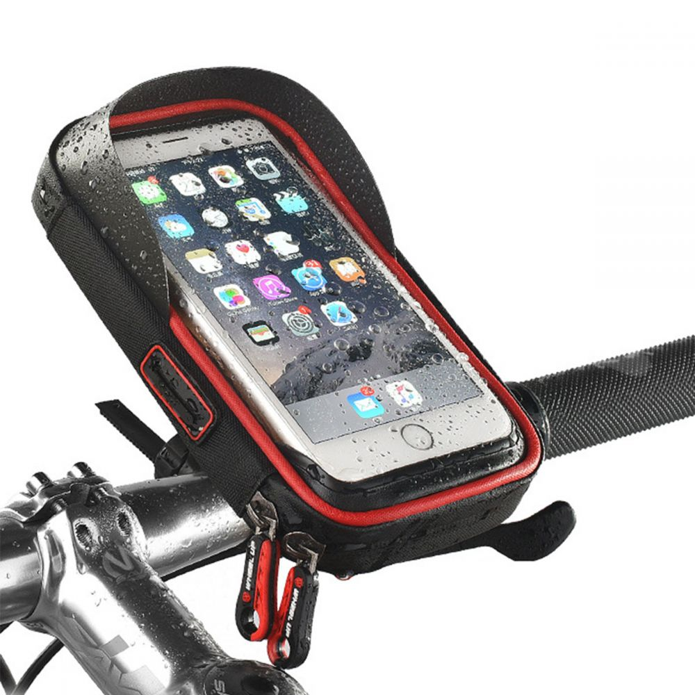 Eine schwarz-rote Telefonhalterung an einem Fahrradlenker. Das Telefon zeigt Apps an. Wassertropfen bedecken Telefon und Halterung.