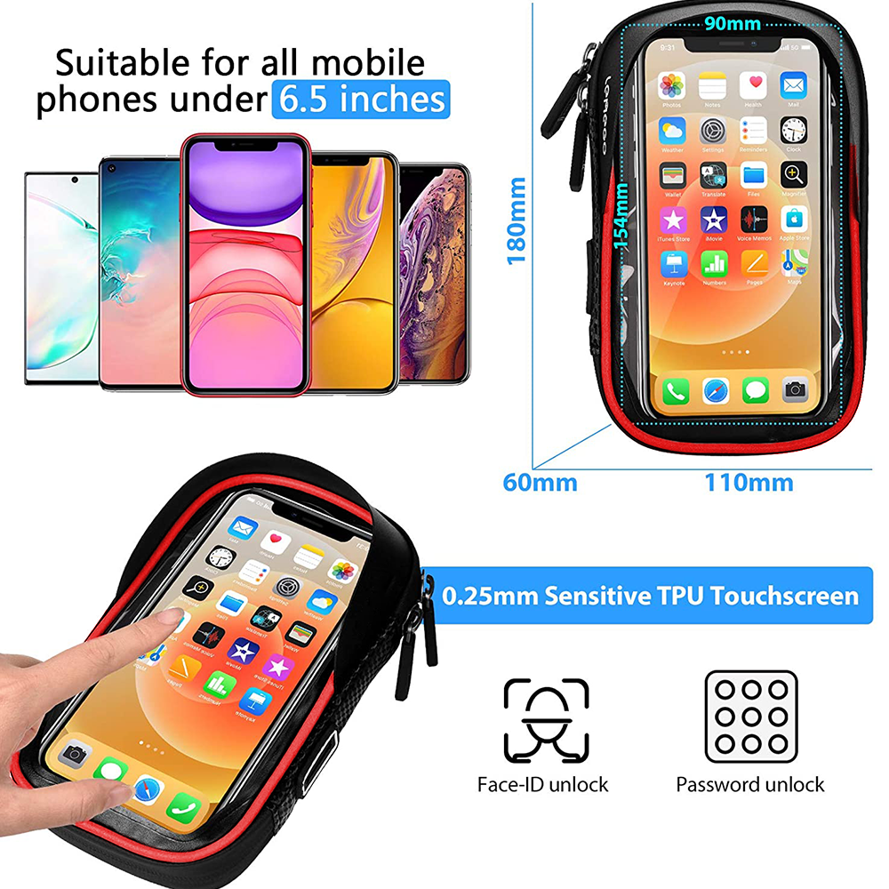 Das Bild zeigt Handyhüllen mit Handys. Der Text weist auf die Eignung für Handys unter 6,5 Zoll hin, mit Funktionen wie Face-ID-Entsperrung.