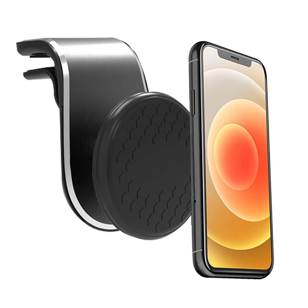 Eine Kfz-Telefonhalterung mit einem Telefon. Die Halterung ist schwarz und silber. Das Telefon hat einen farbenfrohen Bildschirm.