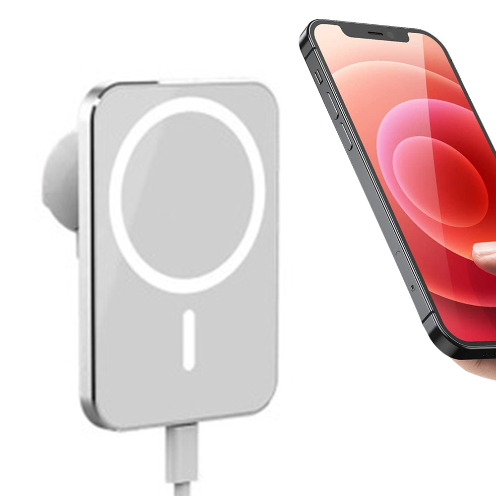 Ein weißes kabelloses Ladegerät und ein schwarzes iPhone mit rotem Bildschirm werden auf weißem Hintergrund angezeigt.