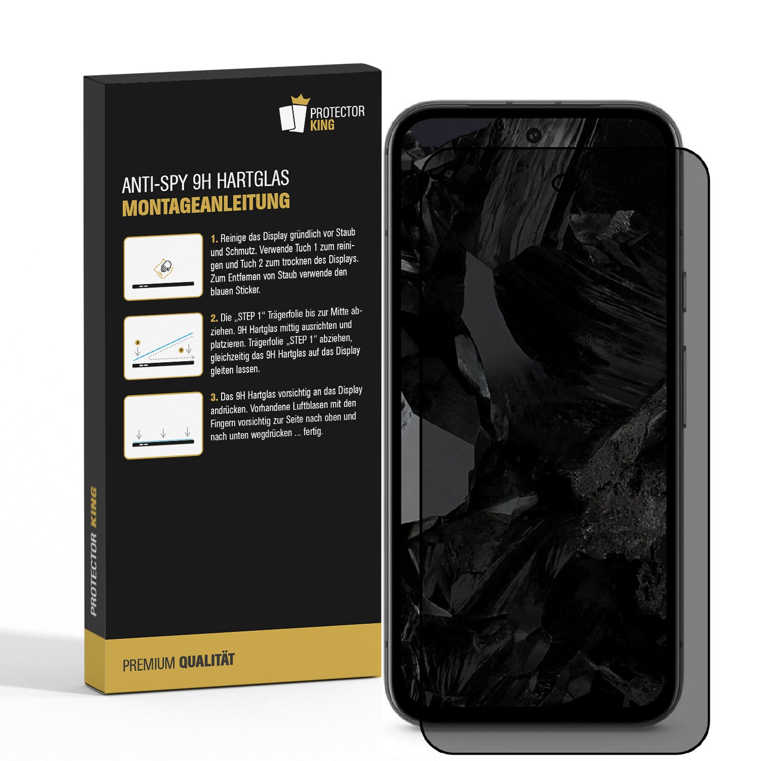 Ein Telefon mit Displayschutzfolie, eine Box mit deutscher Anleitung und dem Protector King Logo.