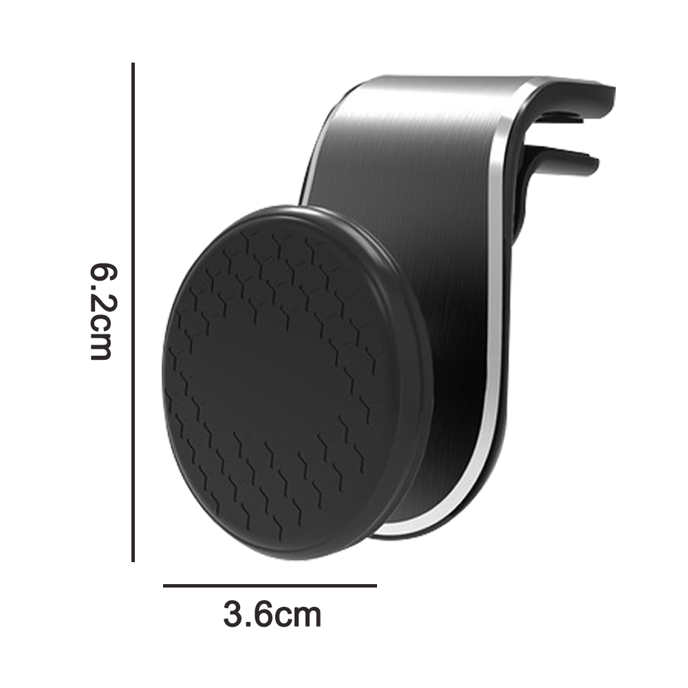 Eine schwarze Autotelefonhalterung mit einem kreisförmigen Magnetpad und einem silbernen Clip. Abmessungen sind 6,2 cm x 3,6 cm, dargestellt durch Linien.